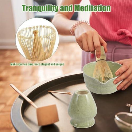 Deep matcha green Complete Matcha Tea Ceremony Set - 4-Piece Japanese Traditional Whisk, Bowl, Whisk Holder & Scoop for Authentic Preparation at Home.