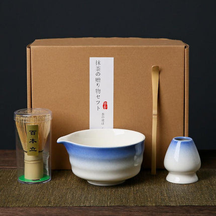Blue and white Complete Matcha Tea Ceremony Set - 4-Piece Japanese Traditional Whisk, Bowl, Whisk Holder & Scoop for Authentic Preparation at Home.