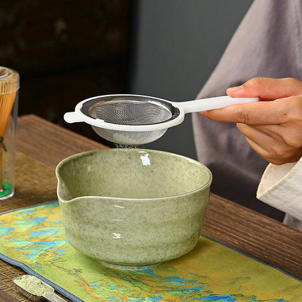 Blue and white Complete Matcha Tea Ceremony Set - 4-Piece Japanese Traditional Whisk, Bowl, Whisk Holder & Scoop for Authentic Preparation at Home.