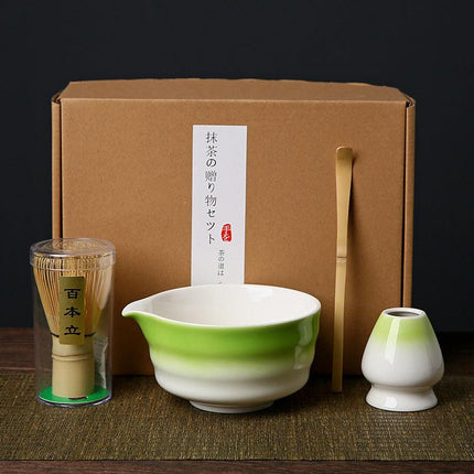 Green and white Complete Matcha Tea Ceremony Set - 4-Piece Japanese Traditional Whisk, Bowl, Whisk Holder & Scoop for Authentic Preparation at Home.