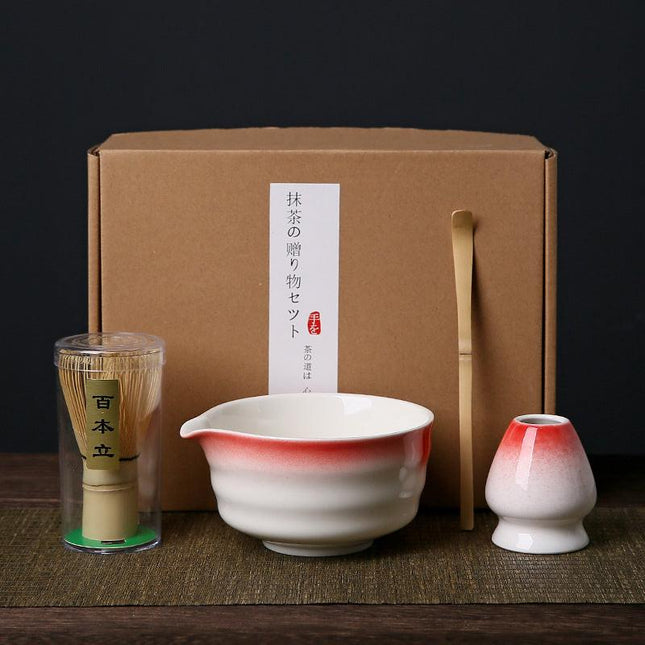 Red and white Complete Matcha Tea Ceremony Set - 4-Piece Japanese Traditional Whisk, Bowl, Whisk Holder & Scoop for Authentic Preparation at Home.