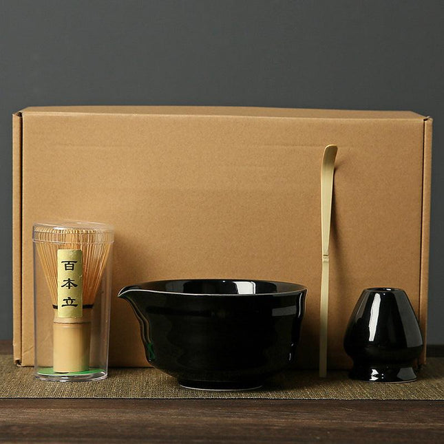 Black Complete Matcha Tea Ceremony Set - 4-Piece Japanese Traditional Whisk, Bowl, Whisk Holder & Scoop for Authentic Preparation at Home.