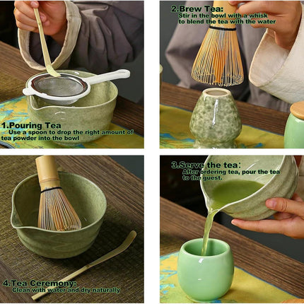 Black Complete Matcha Tea Ceremony Set - 4-Piece Japanese Traditional Whisk, Bowl, Whisk Holder & Scoop for Authentic Preparation at Home.
