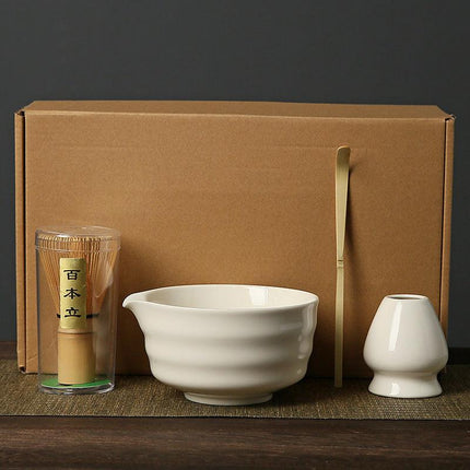 White Complete Matcha Tea Ceremony Set - 4-Piece Japanese Traditional Whisk, Bowl, Whisk Holder & Scoop for Authentic Preparation at Home.