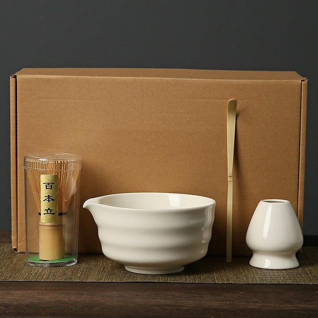 White Complete Matcha Tea Ceremony Set - 4-Piece Japanese Traditional Whisk, Bowl, Whisk Holder & Scoop for Authentic Preparation at Home.
