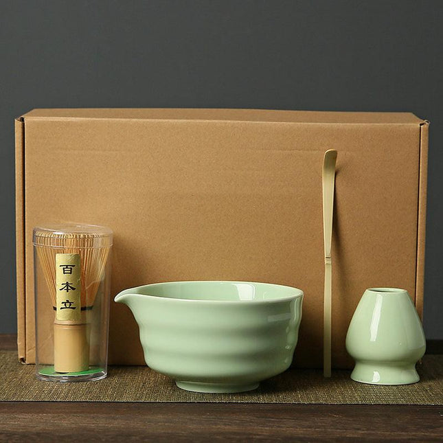 Green Complete Matcha Tea Ceremony Set - 4-Piece Japanese Traditional Whisk, Bowl, Whisk Holder & Scoop for Authentic Preparation at Home.
