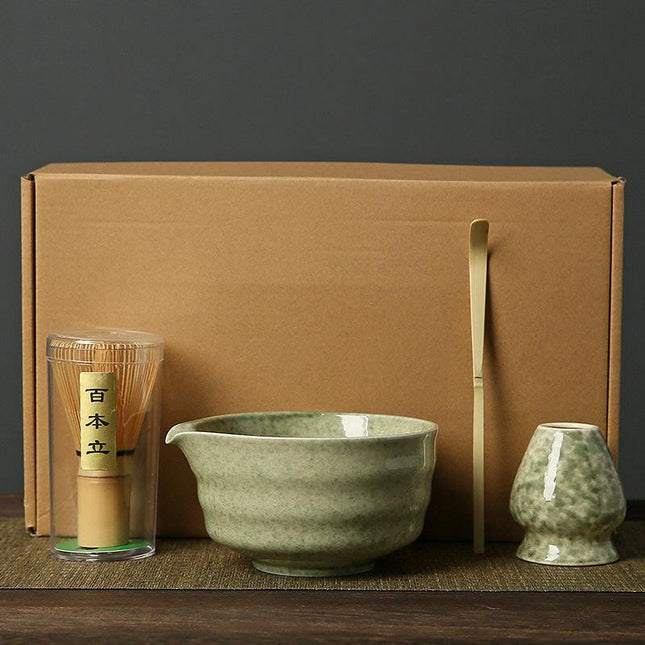 Matcha green Complete Matcha Tea Ceremony Set - 4-Piece Japanese Traditional Whisk, Bowl, Whisk Holder & Scoop for Authentic Preparation at Home.
