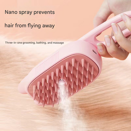 Pink Pet Spray Grooming Brush - 3-in-1 Steam Dematting Comb with Nano Mist for Cats & Dogs - Anti-Flying Hair & Massage.