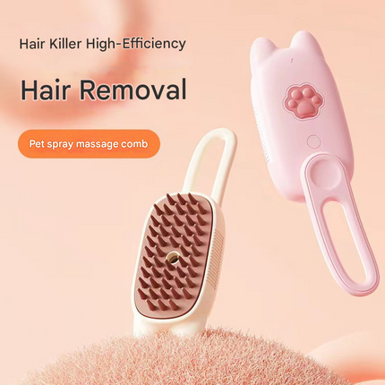 Beige Pet Spray Grooming Brush - 3-in-1 Steam Dematting Comb with Nano Mist for Cats & Dogs - Anti-Flying Hair & Massage.