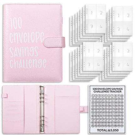 Pink 100 Envelope Savings Challenge Binder - A5 Budget Planner & Money Organizer with Zipper Pockets - Perfect for Couples & Families.