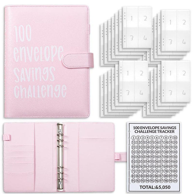 Pink 100 Envelope Savings Challenge Binder - A5 Budget Planner & Money Organizer with Zipper Pockets - Perfect for Couples & Families.