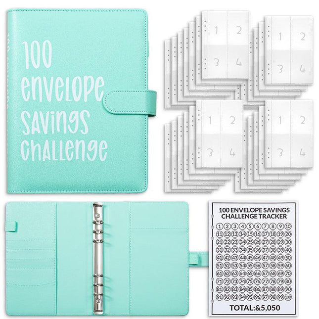 Cyan 100 Envelope Savings Challenge Binder - A5 Budget Planner & Money Organizer with Zipper Pockets - Perfect for Couples & Families.