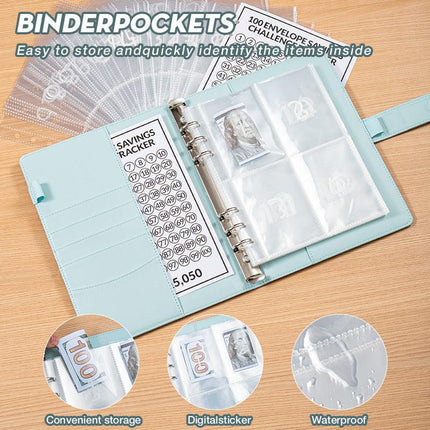 Cyan 100 Envelope Savings Challenge Binder - A5 Budget Planner & Money Organizer with Zipper Pockets - Perfect for Couples & Families.