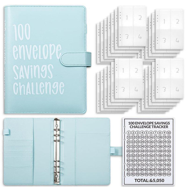 Blue 100 Envelope Savings Challenge Binder - A5 Budget Planner & Money Organizer with Zipper Pockets - Perfect for Couples & Families.