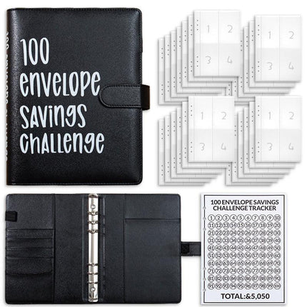 Black 100 Envelope Savings Challenge Binder - A5 Budget Planner & Money Organizer with Zipper Pockets - Perfect for Couples & Families.