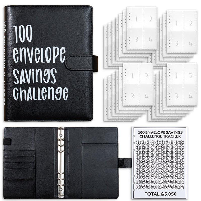 Black 100 Envelope Savings Challenge Binder - A5 Budget Planner & Money Organizer with Zipper Pockets - Perfect for Couples & Families.