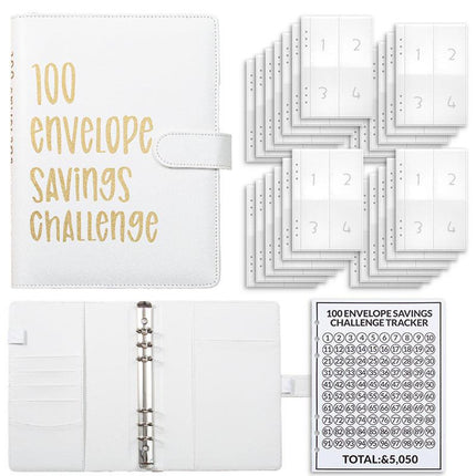 White 100 Envelope Savings Challenge Binder - A5 Budget Planner & Money Organizer with Zipper Pockets - Perfect for Couples & Families.
