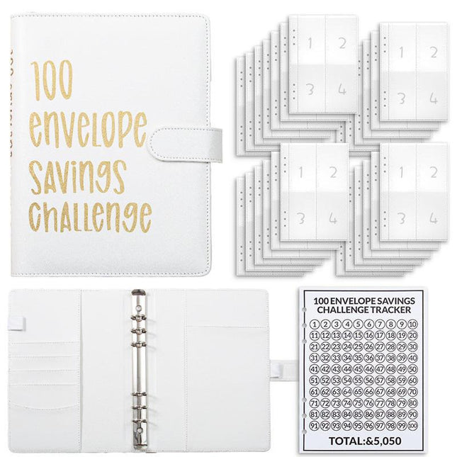 White 100 Envelope Savings Challenge Binder - A5 Budget Planner & Money Organizer with Zipper Pockets - Perfect for Couples & Families.
