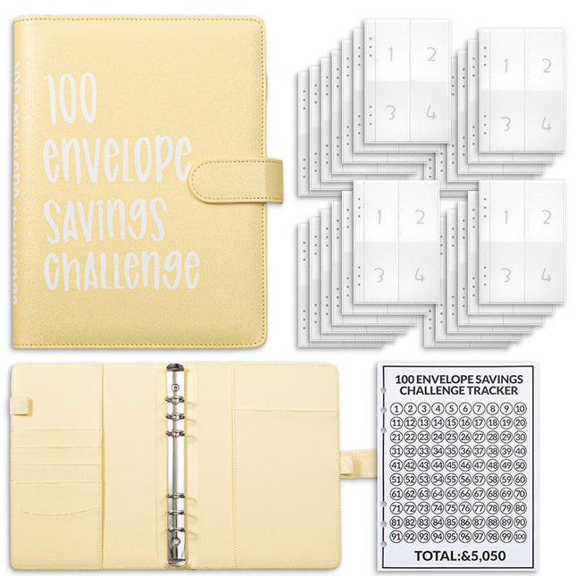 Yellow 100 Envelope Savings Challenge Binder - A5 Budget Planner & Money Organizer with Zipper Pockets - Perfect for Couples & Families.
