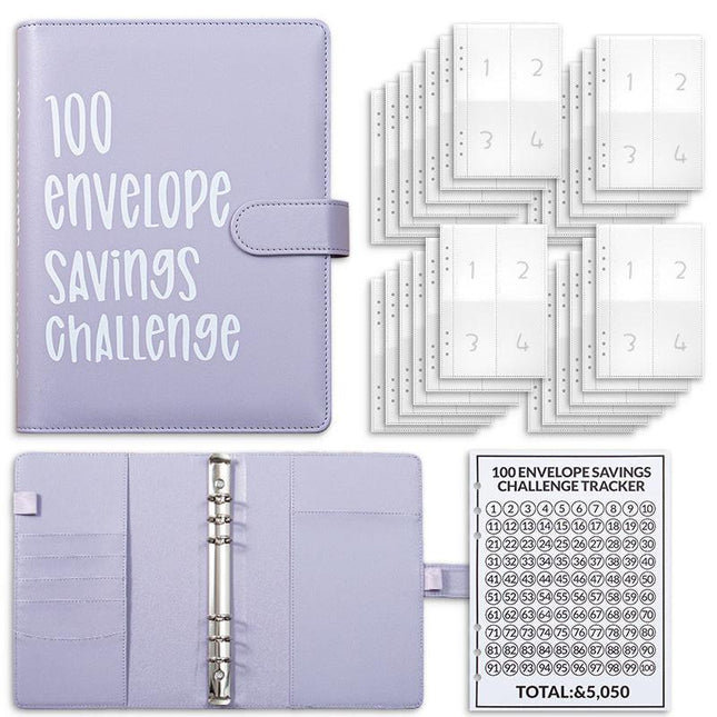 Purple 100 Envelope Savings Challenge Binder - A5 Budget Planner & Money Organizer with Zipper Pockets - Perfect for Couples & Families.