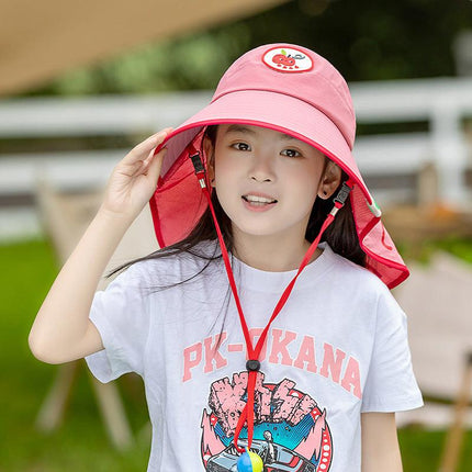 Red Kids UV Protection Sun Hat - Breathable Wide Brim Bucket Hat with Neck Flap for Summer Beach & Outdoor Play.