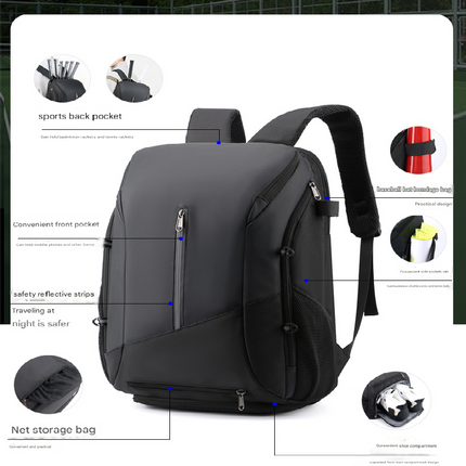 Black Multi-functional Sports Backpack for Men & Women - Waterproof Basketball, Badminton, Tennis & Soccer Bag with Shoe Compartment + Net.