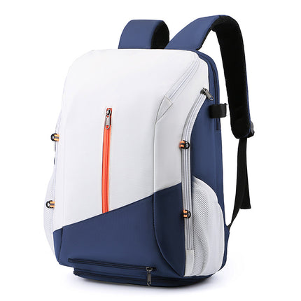 White and blue Multi-functional Sports Backpack for Men & Women - Waterproof Basketball, Badminton, Tennis & Soccer Bag with Shoe Compartment + Net.