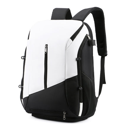 White and black Multi-functional Sports Backpack for Men & Women - Waterproof Basketball, Badminton, Tennis & Soccer Bag with Shoe Compartment + Net.