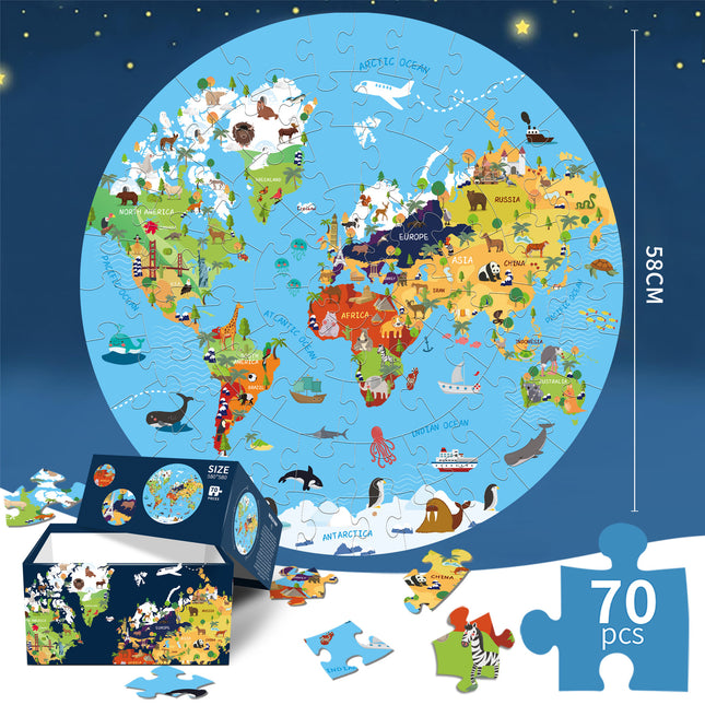 World Animal Puzzle Round Cardboard 70-Piece Jigsaw Puzzle - Educational Kids Puzzle Toy, Fun & Engaging.