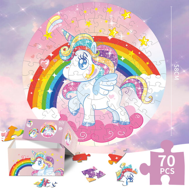 Unicorn puzzle Round Cardboard 70-Piece Jigsaw Puzzle - Educational Kids Puzzle Toy, Fun & Engaging.