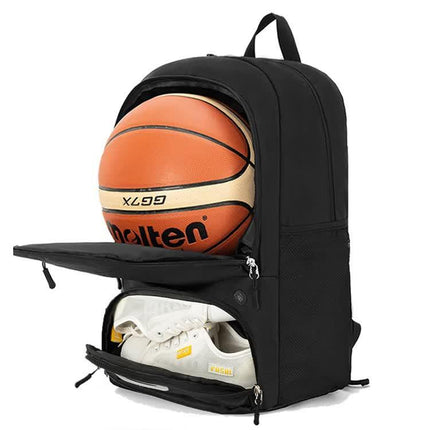 Red Sports Backpack with Separate Shoe & Ball Compartments - Waterproof Gym Bag for Basketball, Soccer, Travel & Daily Use.