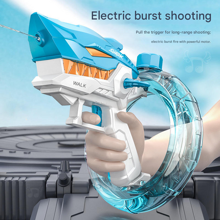 Blue Electric Shark Water Gun for Kids - Automatic Continuous Shot Blaster with Large Capacity Water Bottle & Rechargeable Lithium Battery - Long Range Summer Outdoor Toy.