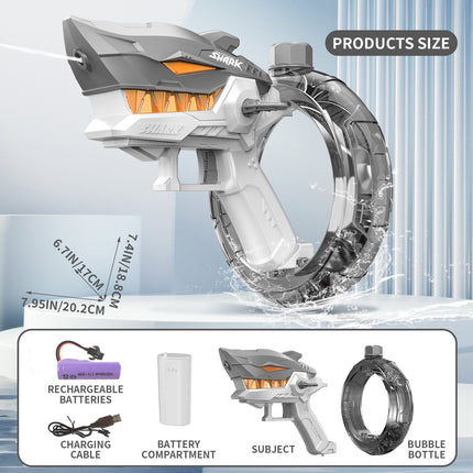Grey Electric Shark Water Gun for Kids - Automatic Continuous Shot Blaster with Large Capacity Water Bottle & Rechargeable Lithium Battery - Long Range Summer Outdoor Toy.