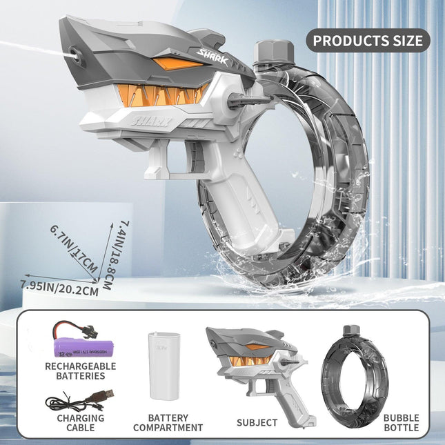 Grey Electric Shark Water Gun for Kids - Automatic Continuous Shot Blaster with Large Capacity Water Bottle & Rechargeable Lithium Battery - Long Range Summer Outdoor Toy.