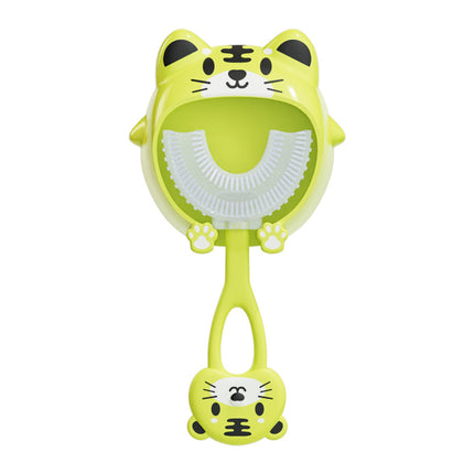 Green tiger U-Shaped Kids Toothbrush - Food Grade Silicone Manual Toothbrush for 2-12 Year Olds - 360 degree Full Mouth Cleaning Baby Oral Care - Comes with Wall Mount Holder.