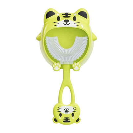 Green tiger U-Shaped Kids Toothbrush - Food Grade Silicone Manual Toothbrush for 2-12 Year Olds - 360 degree Full Mouth Cleaning Baby Oral Care - Comes with Wall Mount Holder.