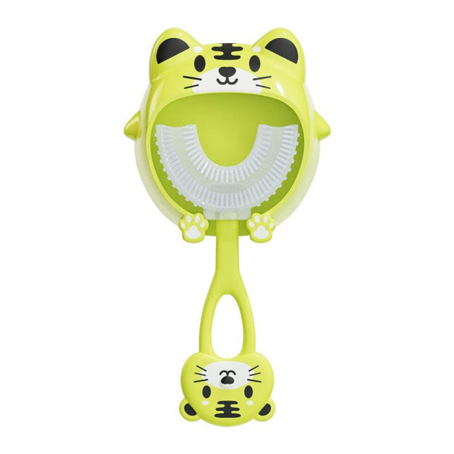 Green tiger U-Shaped Kids Toothbrush - Food Grade Silicone Manual Toothbrush for 2-12 Year Olds - 360 degree Full Mouth Cleaning Baby Oral Care - Comes with Wall Mount Holder.