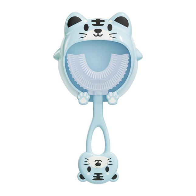 Blue tiger U-Shaped Kids Toothbrush - Food Grade Silicone Manual Toothbrush for 2-12 Year Olds - 360 degree Full Mouth Cleaning Baby Oral Care - Comes with Wall Mount Holder.