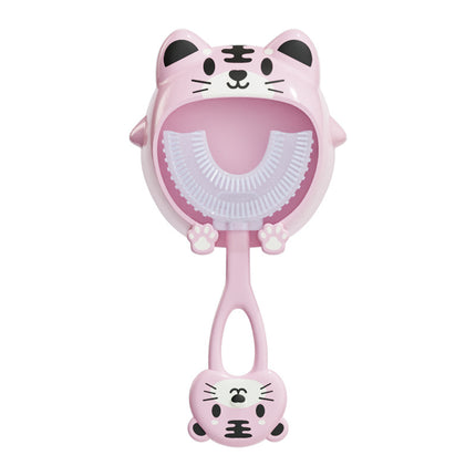 Pink tiger U-Shaped Kids Toothbrush - Food Grade Silicone Manual Toothbrush for 2-12 Year Olds - 360 degree Full Mouth Cleaning Baby Oral Care - Comes with Wall Mount Holder.