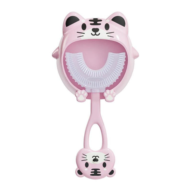 Pink tiger U-Shaped Kids Toothbrush - Food Grade Silicone Manual Toothbrush for 2-12 Year Olds - 360 degree Full Mouth Cleaning Baby Oral Care - Comes with Wall Mount Holder.