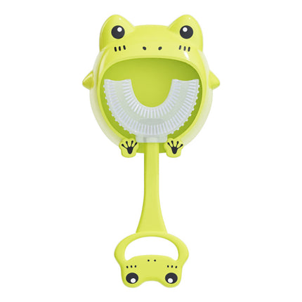 Green frog U-Shaped Kids Toothbrush - Food Grade Silicone Manual Toothbrush for 2-12 Year Olds - 360 degree Full Mouth Cleaning Baby Oral Care - Comes with Wall Mount Holder