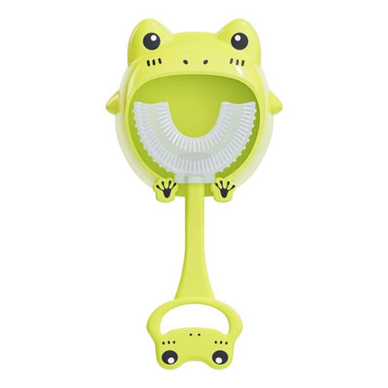Green frog U-Shaped Kids Toothbrush - Food Grade Silicone Manual Toothbrush for 2-12 Year Olds - 360 degree Full Mouth Cleaning Baby Oral Care - Comes with Wall Mount Holder.