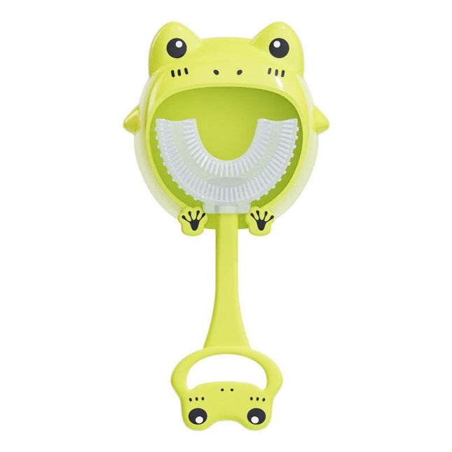 Green frog U-Shaped Kids Toothbrush - Food Grade Silicone Manual Toothbrush for 2-12 Year Olds - 360 degree Full Mouth Cleaning Baby Oral Care - Comes with Wall Mount Holder.