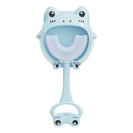 Blue frog U-Shaped Kids Toothbrush - Food Grade Silicone Manual Toothbrush for 2-12 Year Olds - 360 degree Full Mouth Cleaning Baby Oral Care - Comes with Wall Mount Holder.