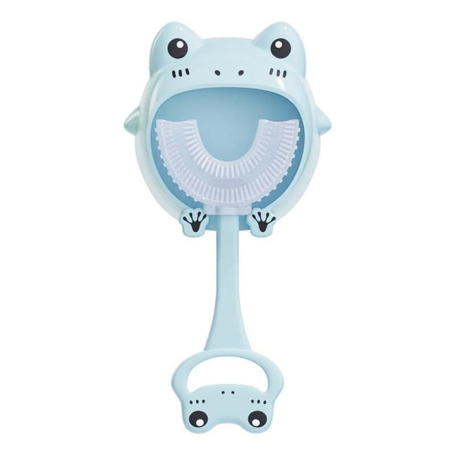 Blue frog U-Shaped Kids Toothbrush - Food Grade Silicone Manual Toothbrush for 2-12 Year Olds - 360 degree Full Mouth Cleaning Baby Oral Care - Comes with Wall Mount Holder.