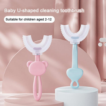 Blue frog U-Shaped Kids Toothbrush - Food Grade Silicone Manual Toothbrush for 2-12 Year Olds - 360 degree Full Mouth Cleaning Baby Oral Care - Comes with Wall Mount Holder.