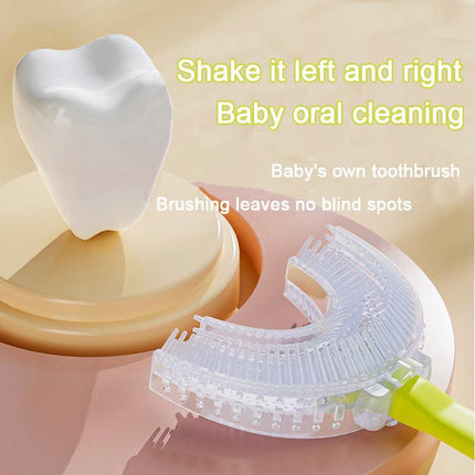 Blue frog U-Shaped Kids Toothbrush - Food Grade Silicone Manual Toothbrush for 2-12 Year Olds - 360 degree Full Mouth Cleaning Baby Oral Care - Comes with Wall Mount Holder.