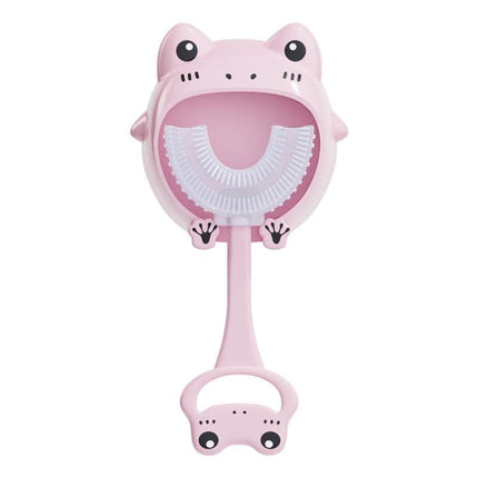 Pink frog U-Shaped Kids Toothbrush - Food Grade Silicone Manual Toothbrush for 2-12 Year Olds - 360 degree Full Mouth Cleaning Baby Oral Care - Comes with Wall Mount Holder.