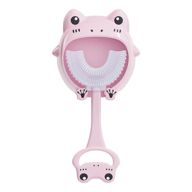 Pink frog U-Shaped Kids Toothbrush - Food Grade Silicone Manual Toothbrush for 2-12 Year Olds - 360 degree Full Mouth Cleaning Baby Oral Care - Comes with Wall Mount Holder.