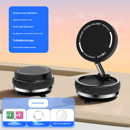 Black Foldable Magnetic Phone Holder with Vacuum Suction - Multi-Angle Adjustable Zinc Alloy Desktop Phone Stand - Portable & Stable for Desk, Car & Multi-Scenario Use.
